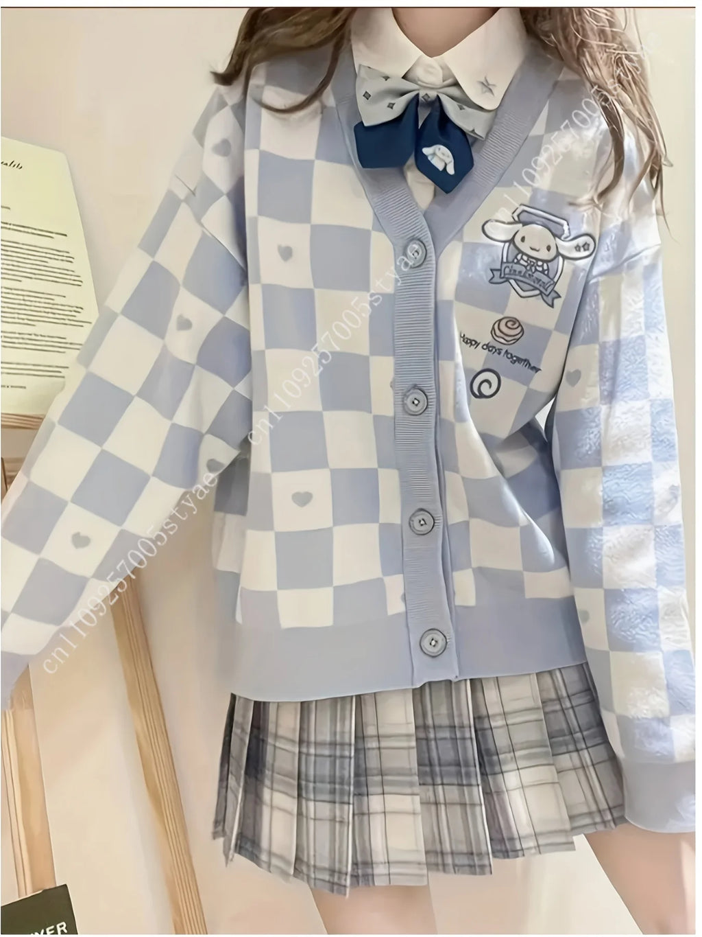Cinnamoroll Light Blue White Checkered Cardigan Featuring A Heart-Shaped Designed for Teen and Women Long-Sleeved Thin Sweater