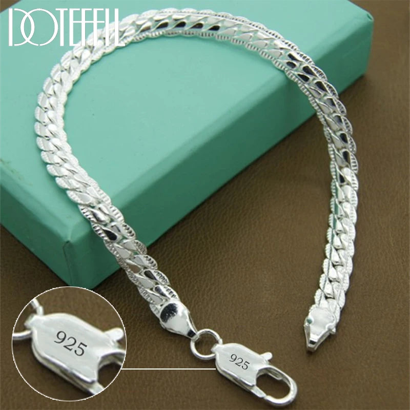 DOTEFFIL 925 Silver Bracelet 6mm 18/19/20cm Flat Side Chain Lobster Clasp For Woman Man Wedding Engagement Jewelry