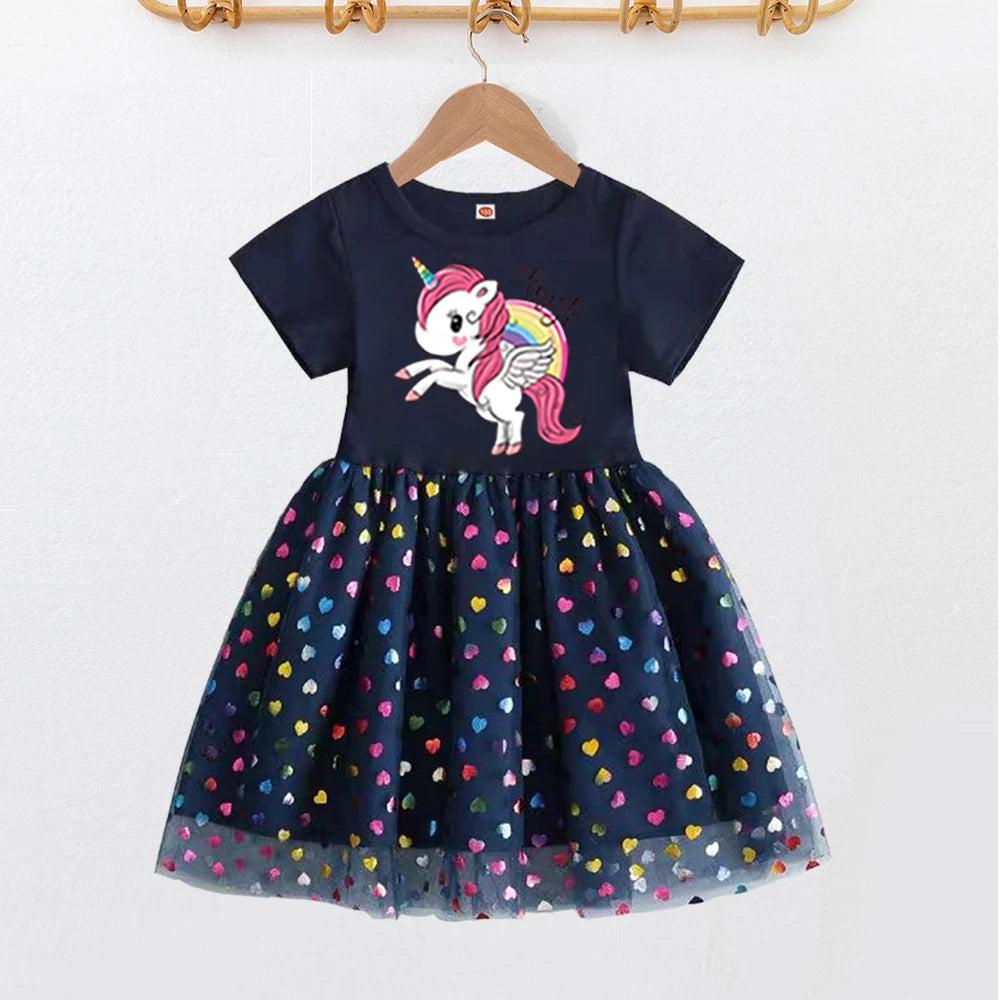2026 New Kids Clothes Summer Girls Dress Short sleeves Princess Dress For Children Baby Birthday Party Clothing Unicorn Clothing