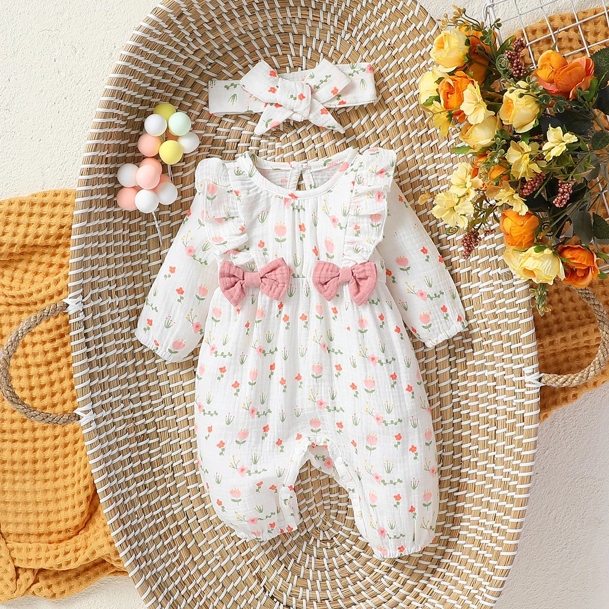 Baby Girl's All Seasons Long Sleeve Print Floral With Bow Daily Jumpsuit For Newborn-6M Clothes +Headband