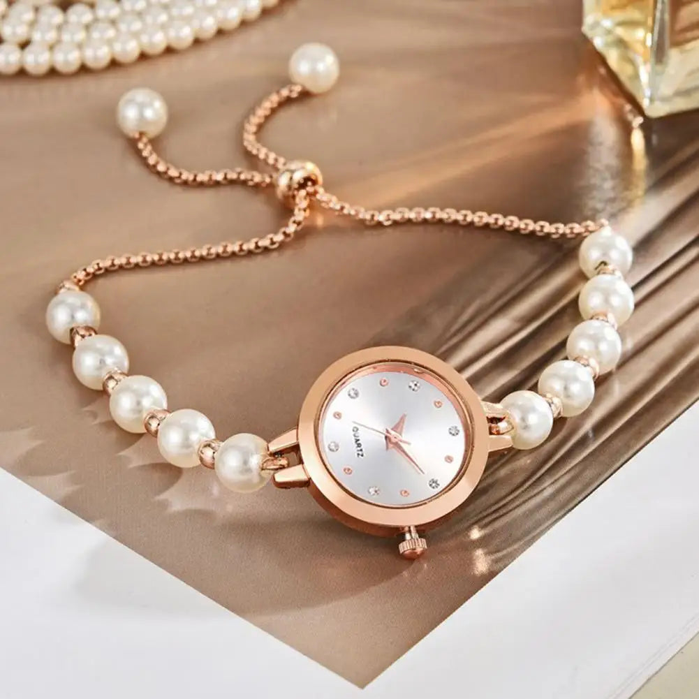 2.3cm Women Rhinestone Bracelet Watch Adjustable Faux Pearl Strap Round Dial Quartz Wristwatch Lady Fashion Jewelry Accessories