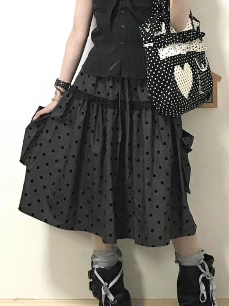 2000 Aesthetic Gray Design Polka Dot Skirt Women New American Retro Cute Skirts Female A-line Hottie Lace Korean Popular Clothes