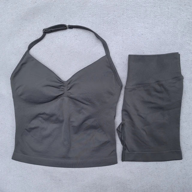 2 Pieces Yoga Set Women Backless Halter Tops High Waist Seamless Shorts Gym Suit Fitness Clothes Sportswear Workout Sets