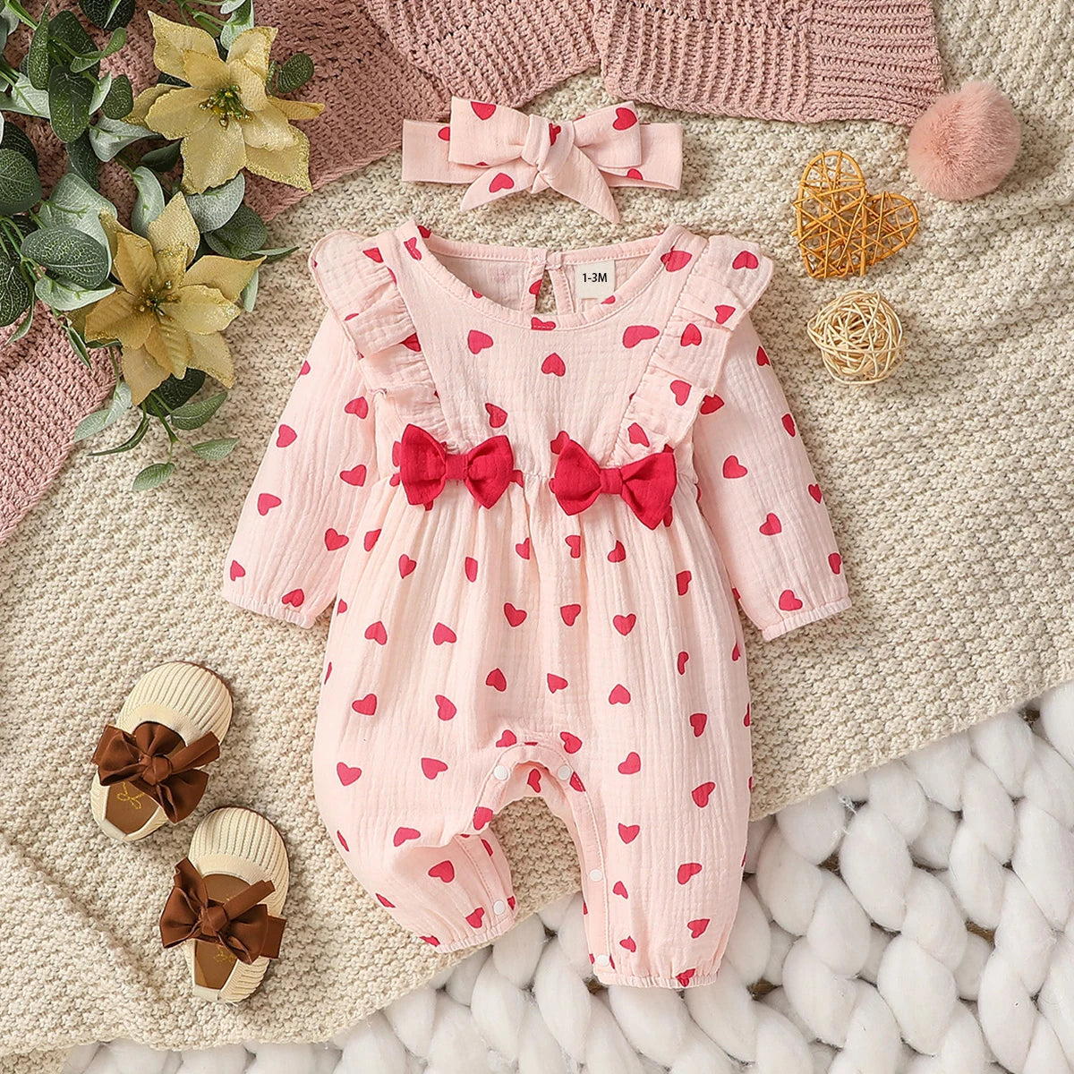 Baby Girl's All Seasons Long Sleeve Print Floral With Bow Daily Jumpsuit For Newborn-6M Clothes +Headband