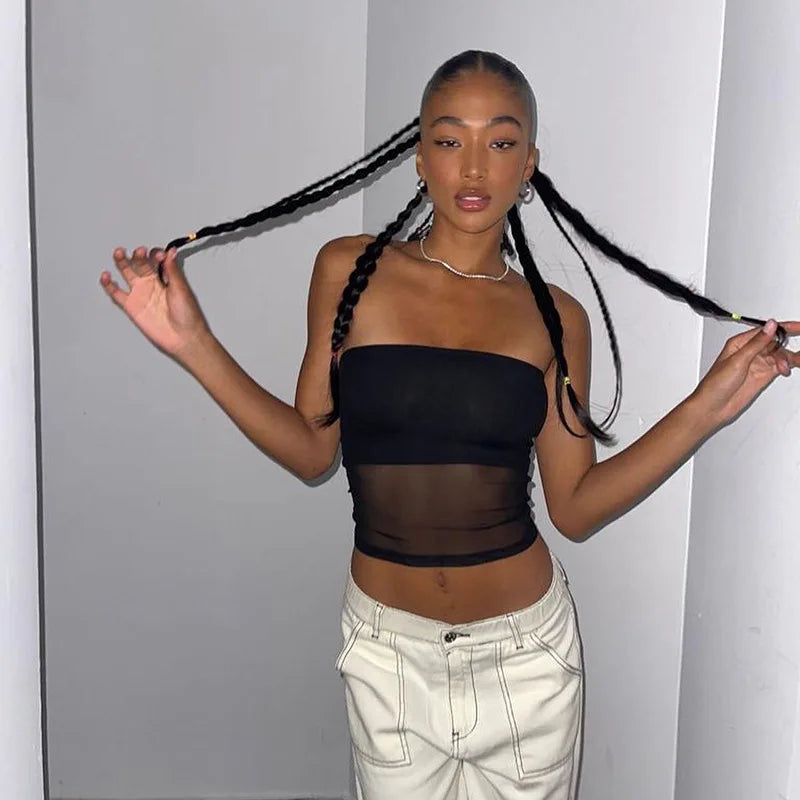 2026 Women's Sexy Hot Girl Style Black Y2K Mesh Crop Top Strapless Urban Style Off-Shoulder Fitted Short Tank Top