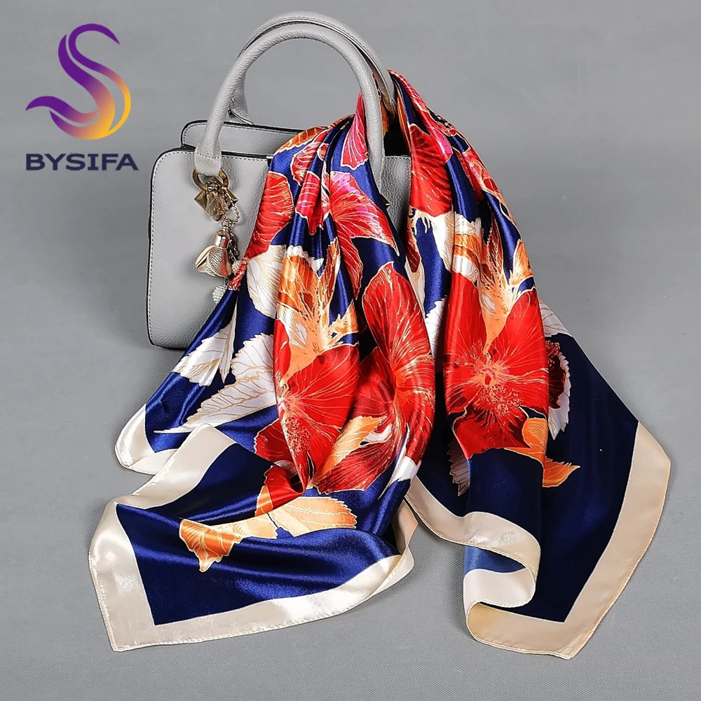 BYSIFA| Pink New Silk Shawl Scarf Women Fashion Elegant Floral Square Satin Scarves Fouldard Fall Winter Neck Scarves Hijiabs