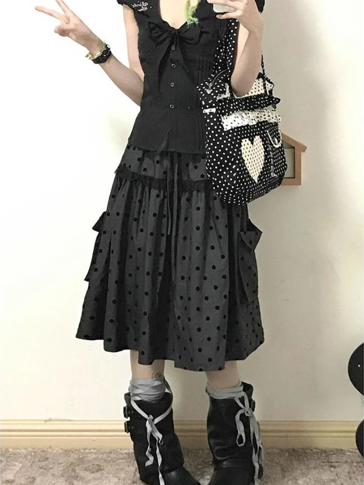 2000 Aesthetic Gray Design Polka Dot Skirt Women New American Retro Cute Skirts Female A-line Hottie Lace Korean Popular Clothes