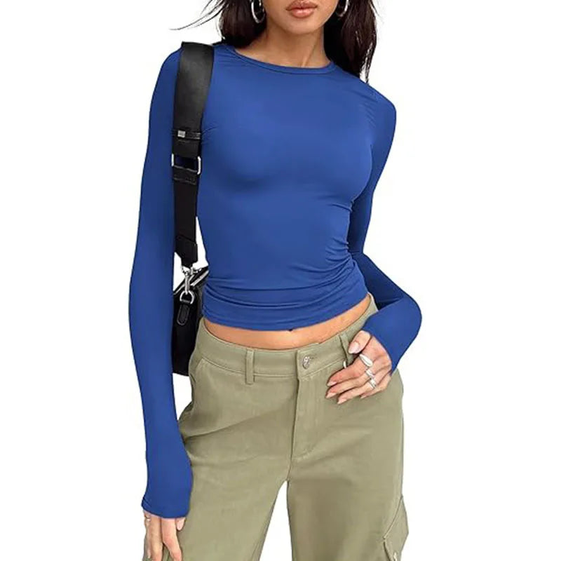 1pcs Four Seasons Fashion Senior Women T-shirt Long Sleeve Crew Neck Solid Slim Fit Tee Ladies Crop Top  Daily Streetwear Camis