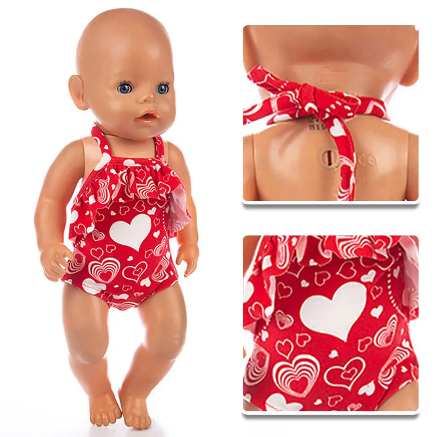 Cute Swimming Suit For 18Inch American Doll Sweet Heart Print Doll Swimsuit Clothes For 43Cm Newborn Baby Doll Kids Gift