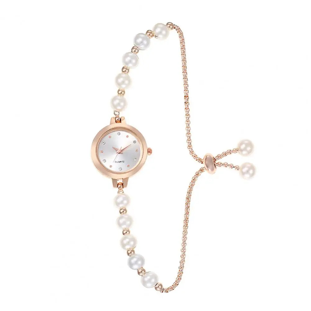2.3cm Women Rhinestone Bracelet Watch Adjustable Faux Pearl Strap Round Dial Quartz Wristwatch Lady Fashion Jewelry Accessories