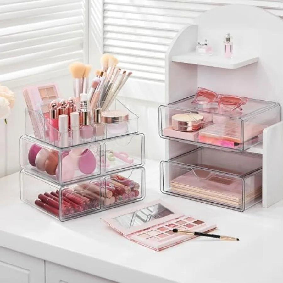 5 Tier Clear Makeup Organizer with Drawer Cosmetic Storage for Dresser Countertop and Bathroom Vanity Beauty Holder for Lipstic