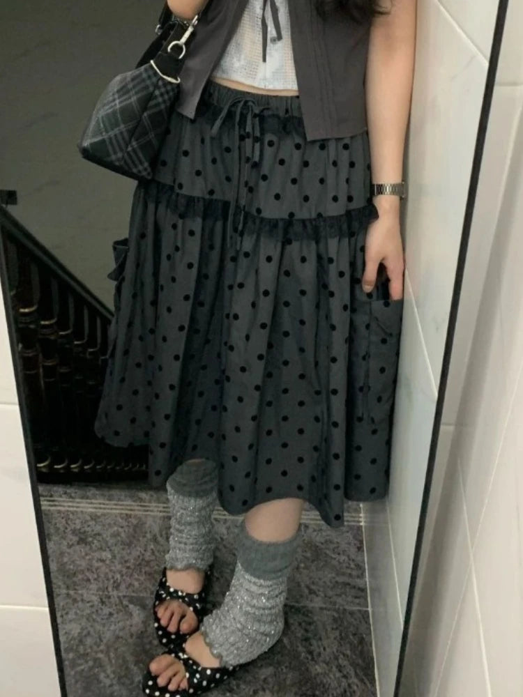2000 Aesthetic Gray Design Polka Dot Skirt Women New American Retro Cute Skirts Female A-line Hottie Lace Korean Popular Clothes