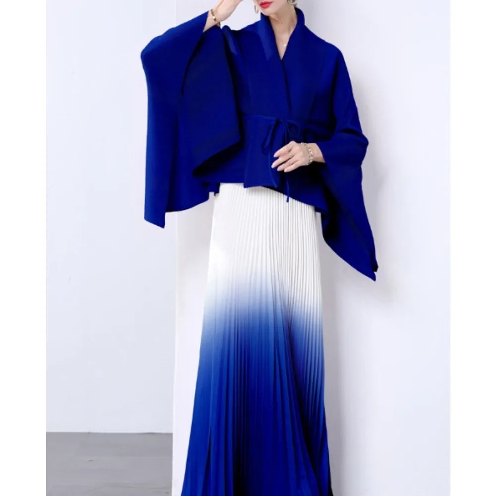 Elegant Long Sleeves Bandage Loose Top High Waist Pleated Skirt Evening High Street Fashion Autumn Winter Gradient Color Sets