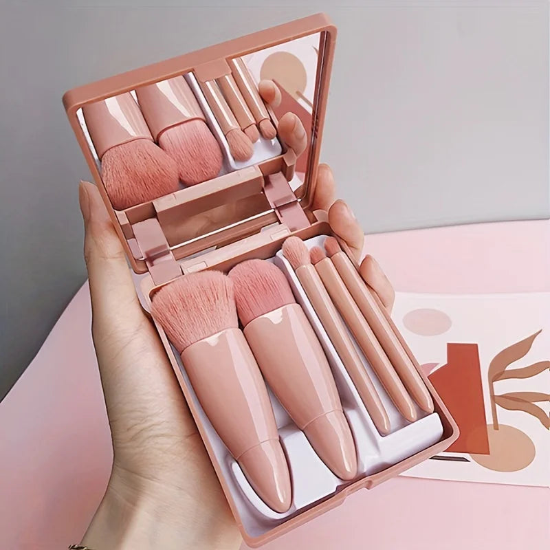 5Pcs Portable Makeup Brush Set With Mirror -  Foldable Travel Kit ，Mini Makeup Brush Set Travel Makeup Brush Set
