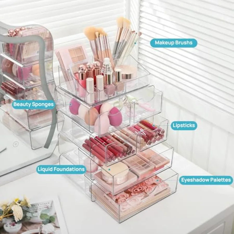 5 Tier Clear Makeup Organizer with Drawer Cosmetic Storage for Dresser Countertop and Bathroom Vanity Beauty Holder for Lipstic