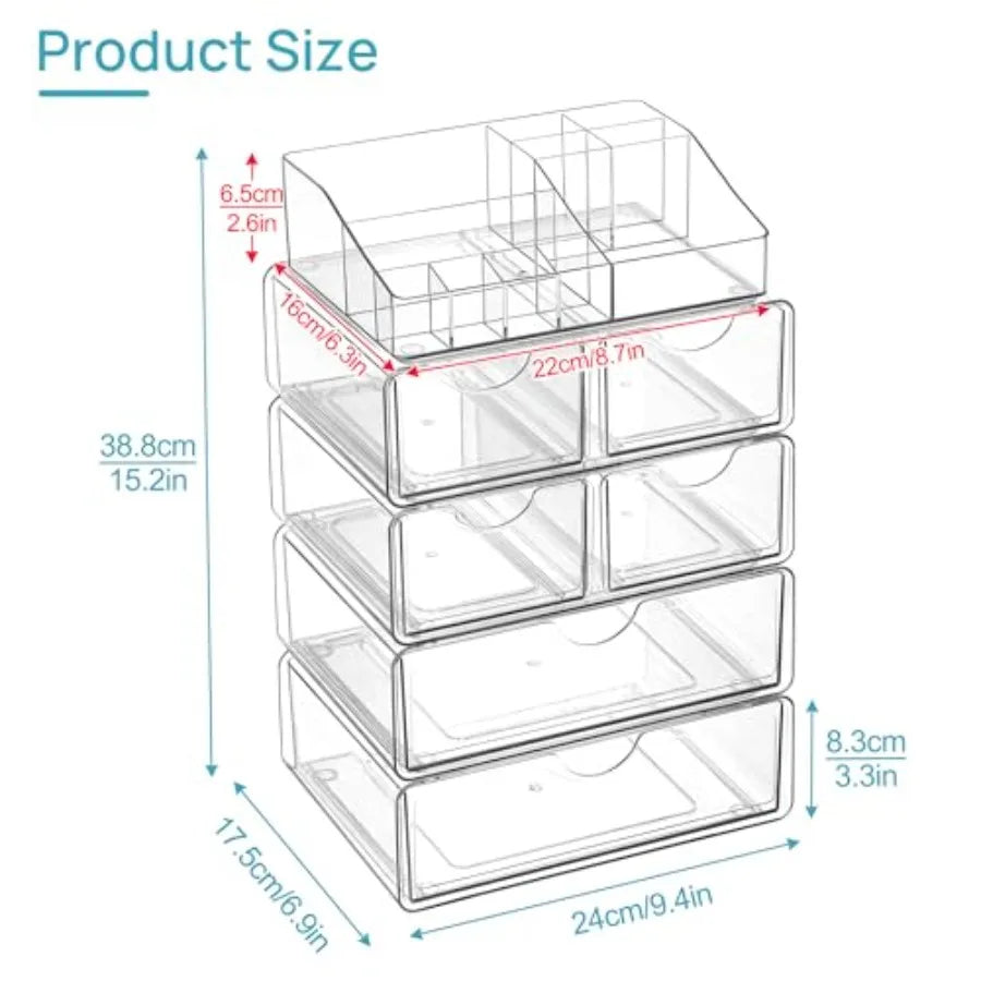 5 Tier Clear Makeup Organizer with Drawer Cosmetic Storage for Dresser Countertop and Bathroom Vanity Beauty Holder for Lipstic