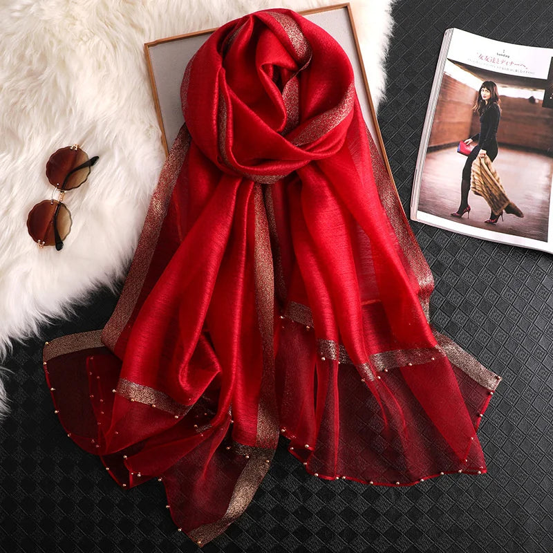 2024 Luxury 100% Silk Shawl Scarf for Women Design Embroidery Flowers Hijab Wraps Bufandas Female Headkerchief Fouloud Echarpe