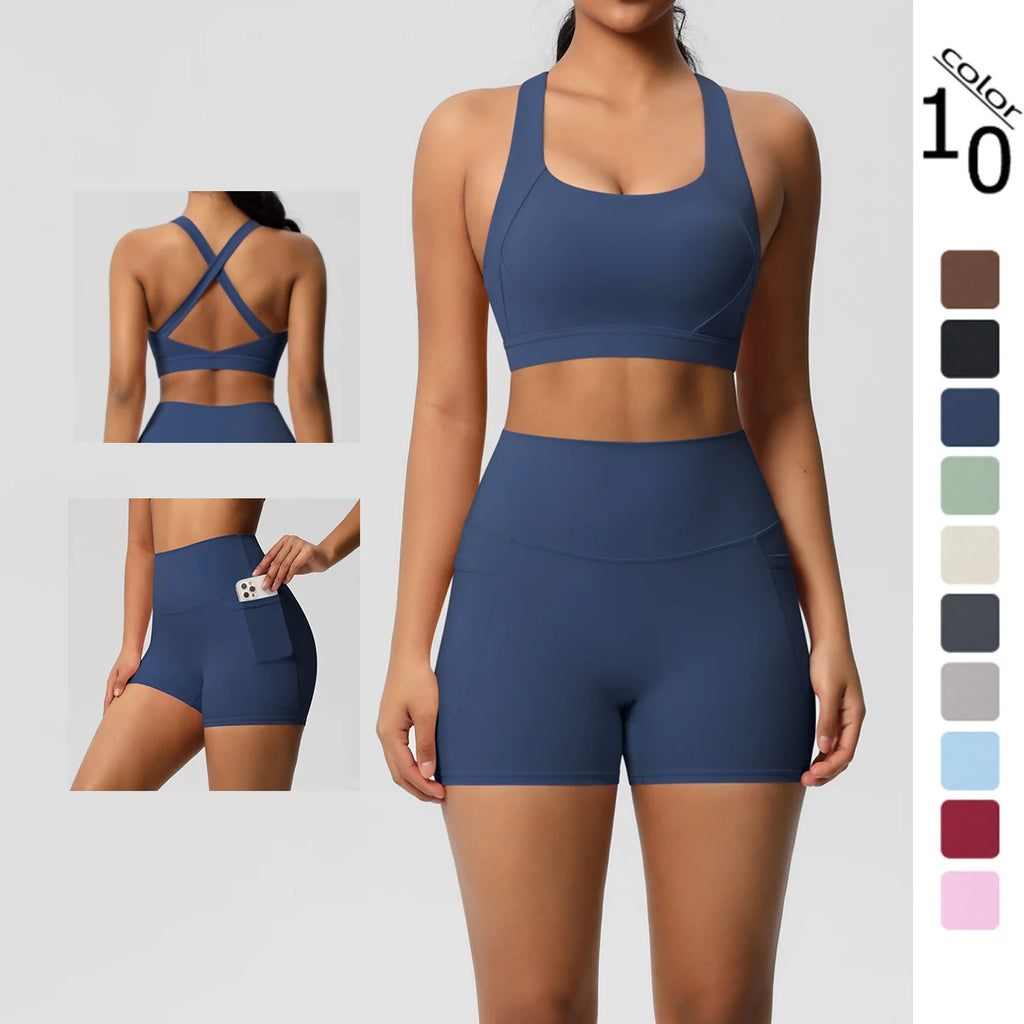 2PCS Sportswear With Pocketed Yoga Set Gym Clothes Yoga Suits For Women Tracksuits Sports Shorts Crossover Bra Gym Leggings