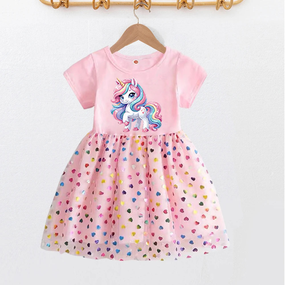 2026 New Kids Clothes Summer Girls Dress Short sleeves Princess Dress For Children Baby Birthday Party Clothing Unicorn Clothing
