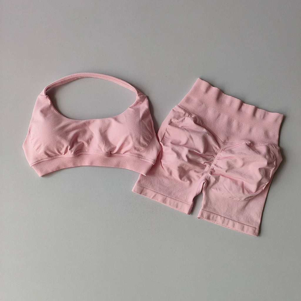 2 Pieces Yoga Suit for Women Seamless Fitness Gym Clothes Halter Sports Bra Matching Impact Shorts Workout Sets Gym Set Outfit