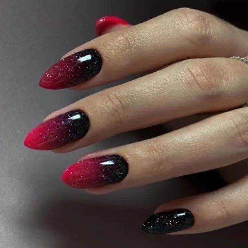 24pcs Gradient Red Nails Sets Press on Glitter Mid-length Almond Nails Tips Simple Detachable Fake Nail Art Cat's Eye False Nail