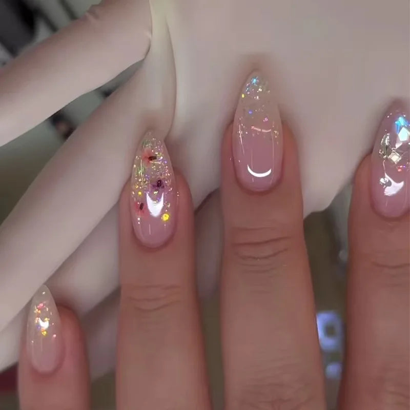 24pcs Gradient Red Nails Sets Press on Glitter Mid-length Almond Nails Tips Simple Detachable Fake Nail Art Cat's Eye False Nail