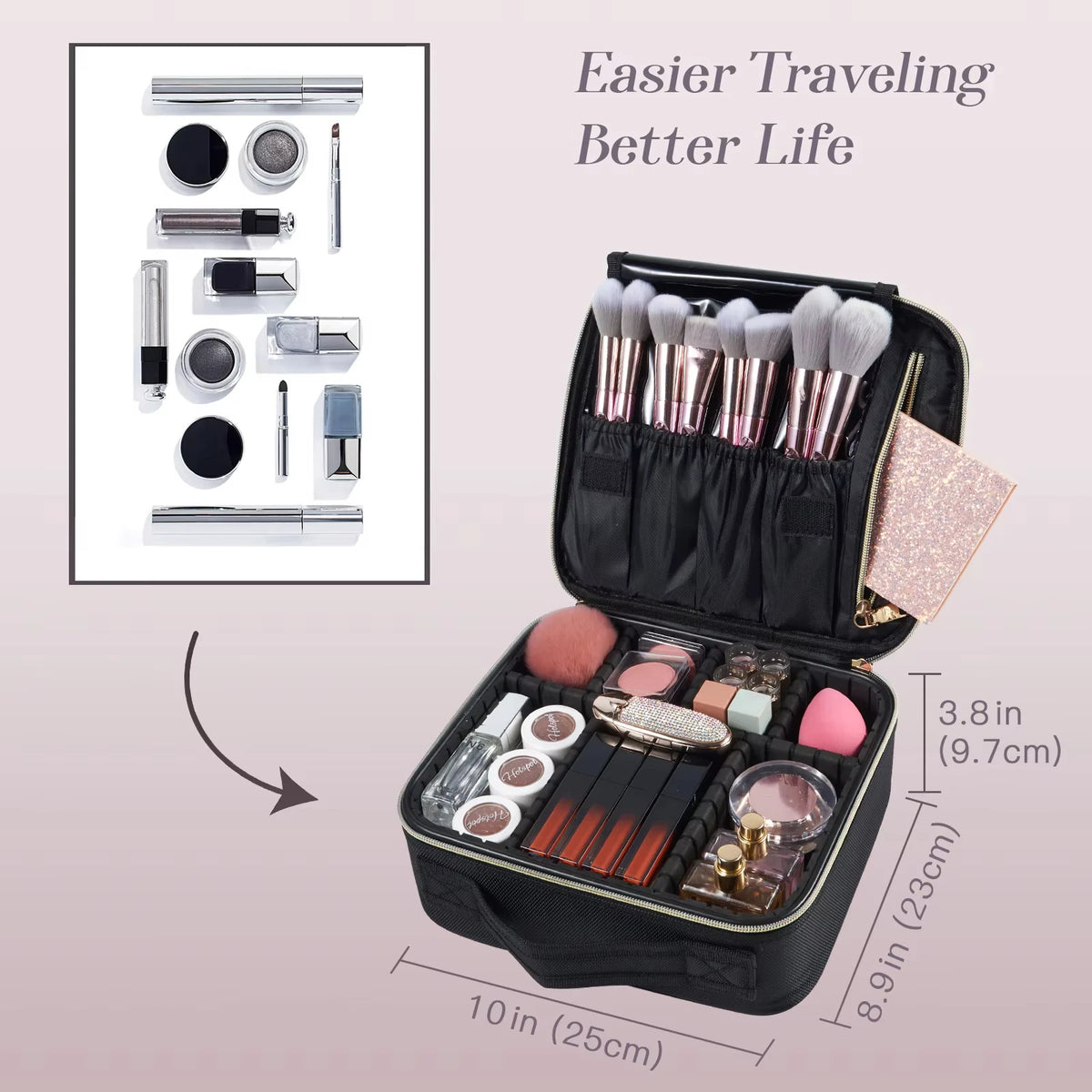 Cosmetic Case Makeup Bag Vanity Travel Beauty Box Make Up Train Case Hairdressing Tools Organiser with Adjustable Compartment