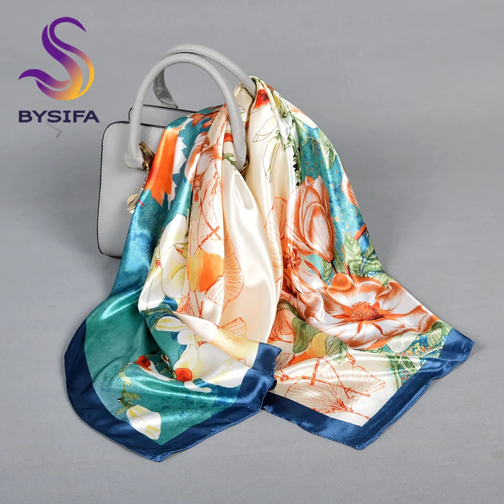 BYSIFA| Pink New Silk Shawl Scarf Women Fashion Elegant Floral Square Satin Scarves Fouldard Fall Winter Neck Scarves Hijiabs