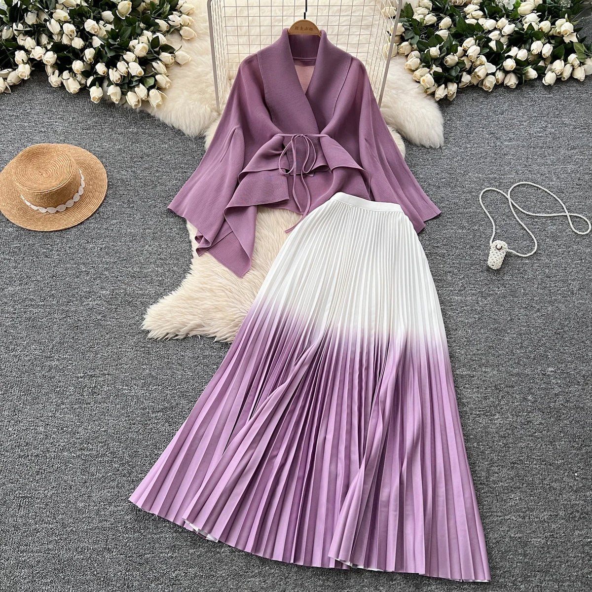 Elegant Long Sleeves Bandage Loose Top High Waist Pleated Skirt Evening High Street Fashion Autumn Winter Gradient Color Sets