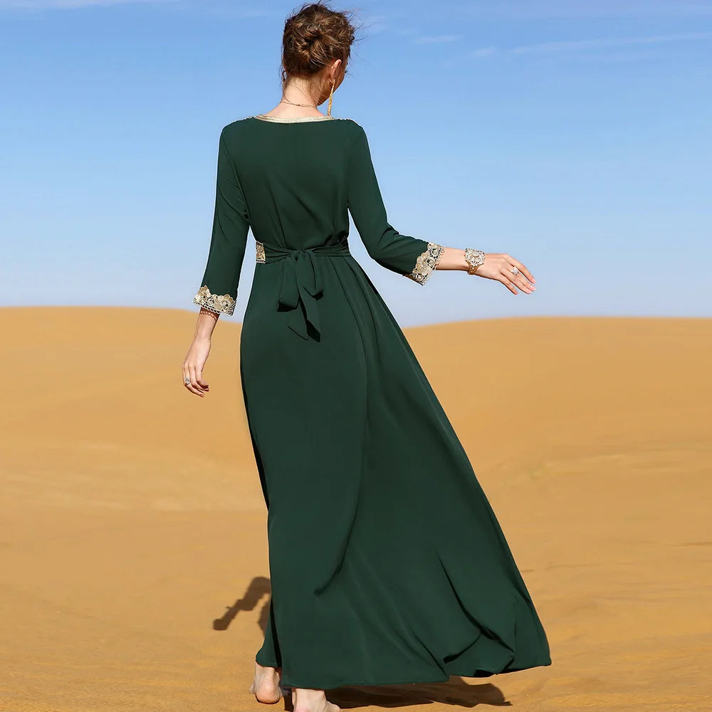 Elegant Vintage Middle East Southeast Asia Women's Dress in Forest Green with Embroidered Lace Perfect for Holiday Travel Pho...