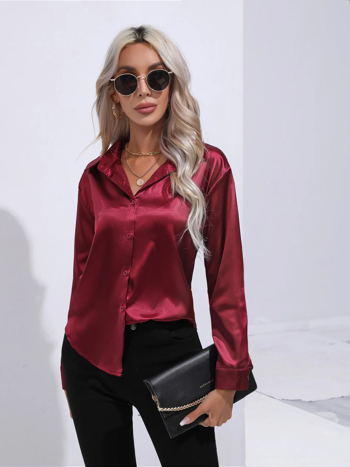 2025 Spring Summer Satin Shirt for Women, V-Neck Long Sleeve Silk Blouse Loose Office Shirt in Black White
