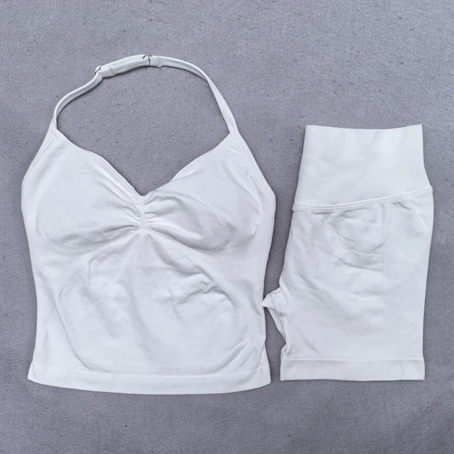2 Pieces Yoga Set Women Backless Halter Tops High Waist Seamless Shorts Gym Suit Fitness Clothes Sportswear Workout Sets