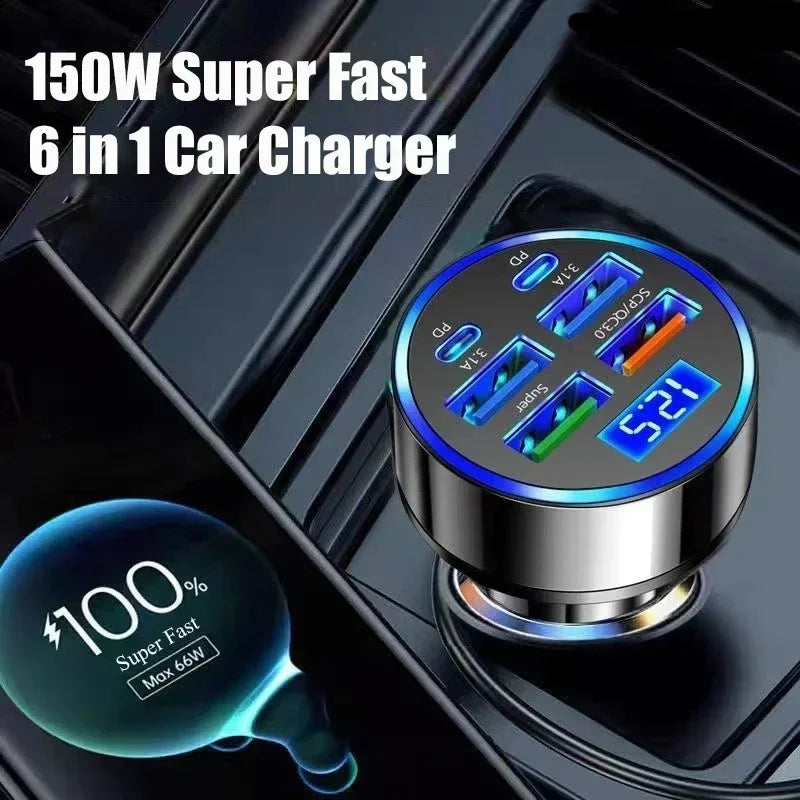 6 in 1 USB C Car Phone Charger Adapter with Voltage Display Dual PD Super Fast for iPhone 15 Pro max OPPO Samsung Huawei