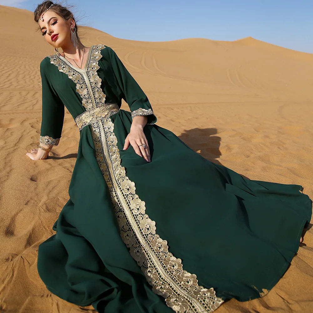 Elegant Vintage Middle East Southeast Asia Women's Dress in Forest Green with Embroidered Lace Perfect for Holiday Travel Pho...