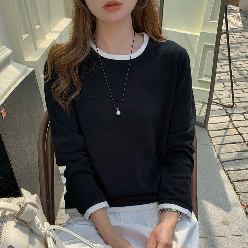 100% Cotton Women O-neck Color Blocking Long Sleeved Shirt Plus Size Clearance Sale Luxury Brands High Quality