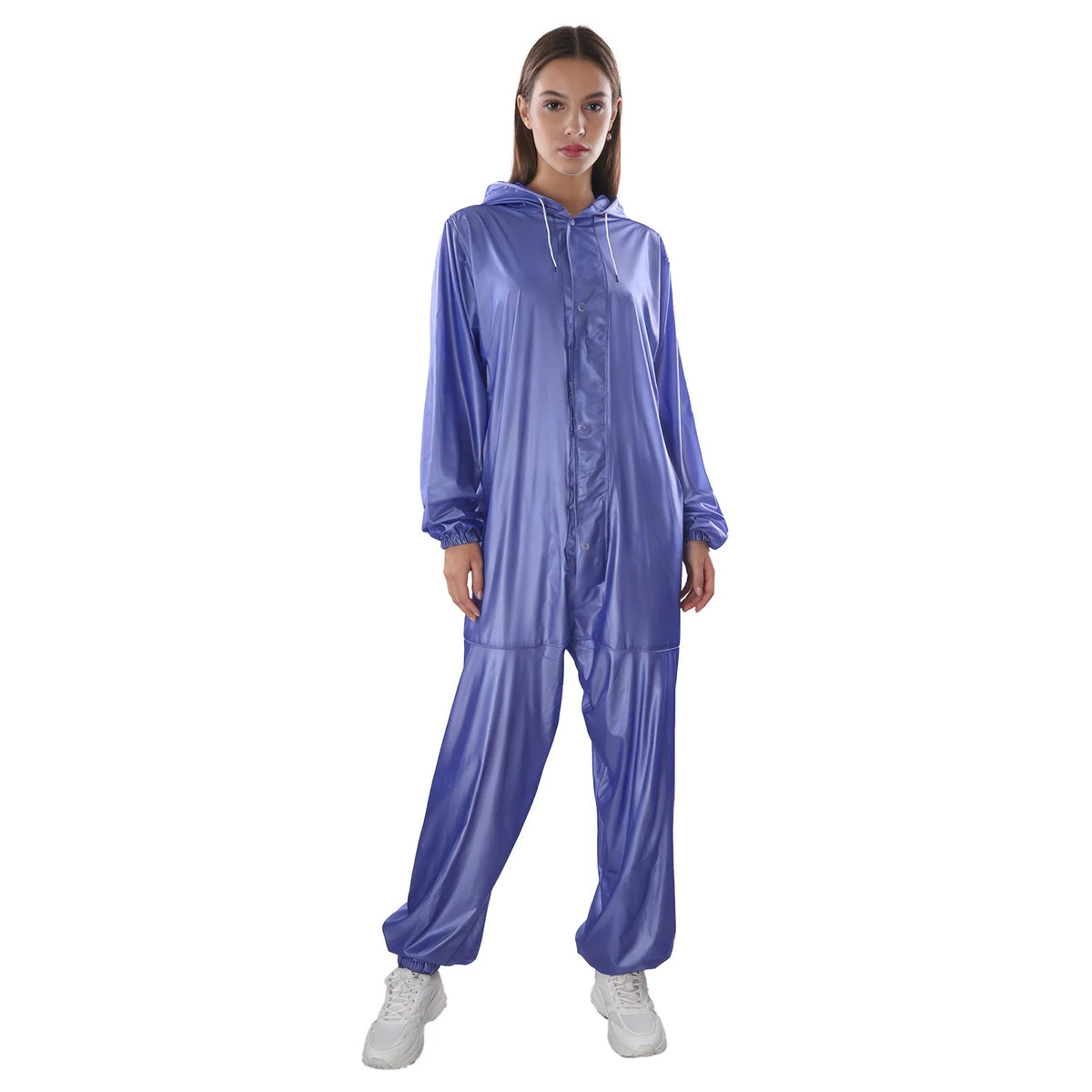 Adults One Piece Full-body Hooded Raincoat Hood with Drawstring Front Button And Zipper One-piece Waterproof Jumpsuit Workwear