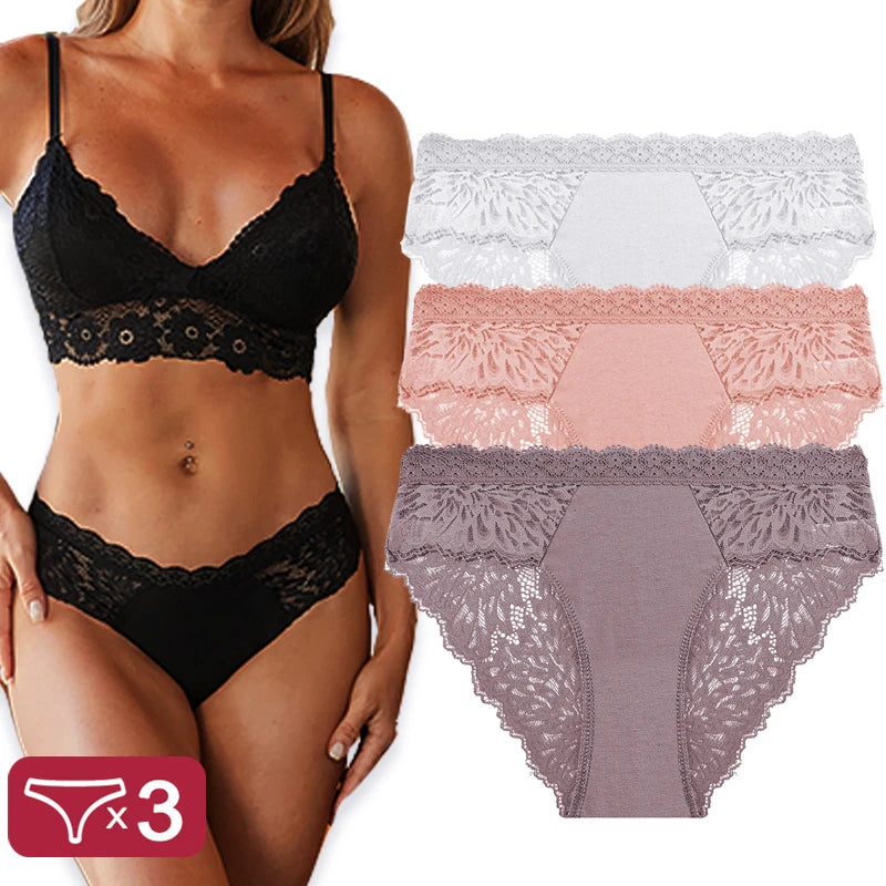 3PCS/Set Sexy Perspective Women Back Lace Panties Patchwork Cotton Underpants Hollow Out Lingerie Underwear Comfortable Briefs