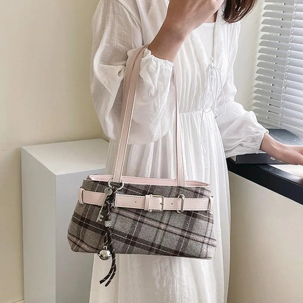 Fashion Checkered Shoulder Bag with Pendant for Women Retro Small Tote Bag Versatile and Casual  Handbags For Commuting Handbag