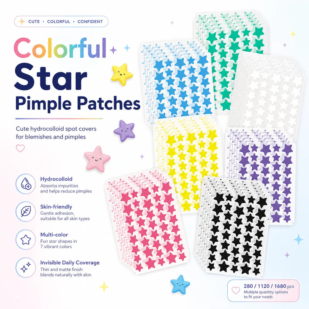 280/1120/1680pcs Seven-Color Star Pimple Patches – Invisible Hydrocolloid Dots for Fun & Gentle Skincare