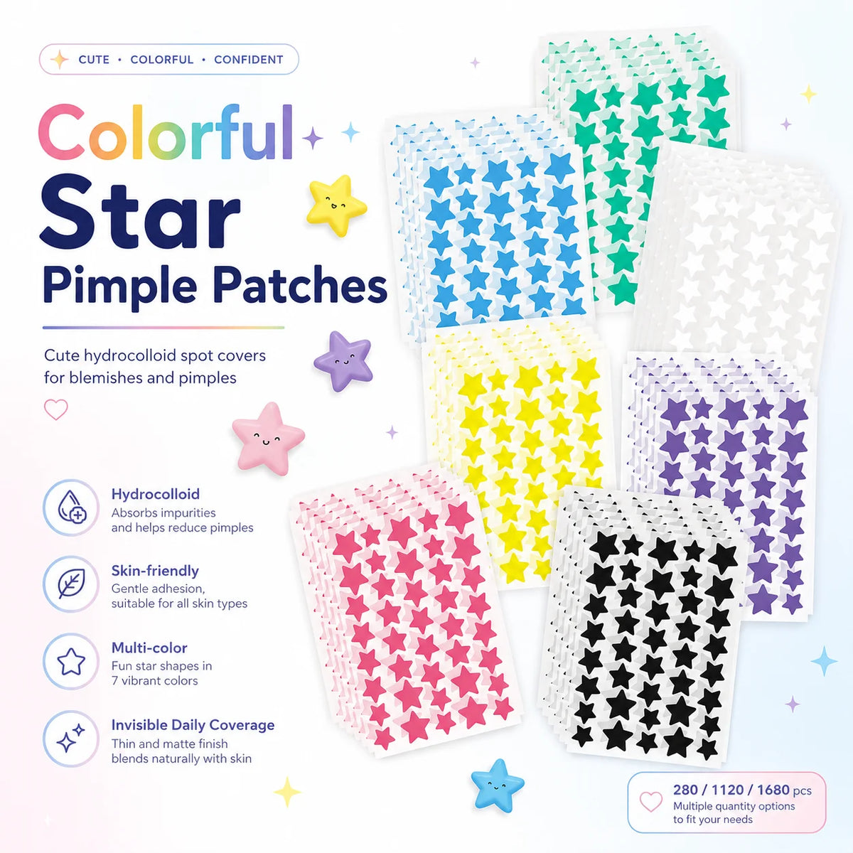 280/1120/1680pcs Seven-Color Star Pimple Patches – Invisible Hydrocolloid Dots for Fun & Gentle Skincare