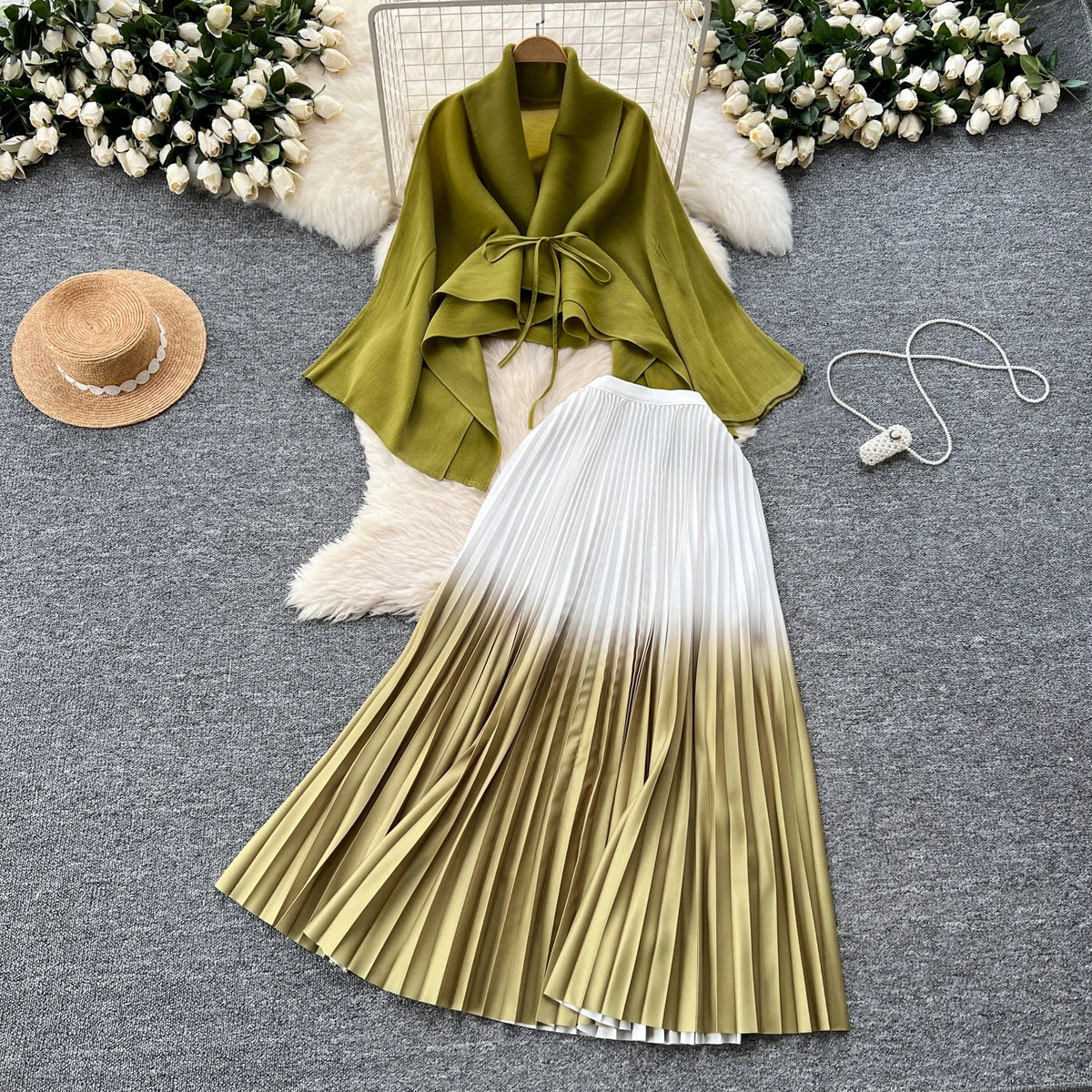 Elegant Long Sleeves Bandage Loose Top High Waist Pleated Skirt Evening High Street Fashion Autumn Winter Gradient Color Sets