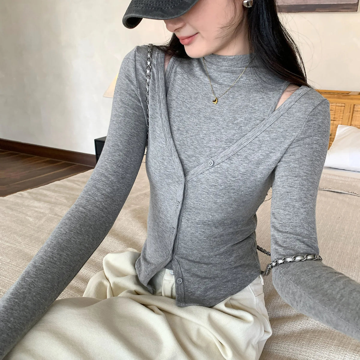 Grey Mock Neck Long Sleeve Buttoned Cardigan and Cami Set