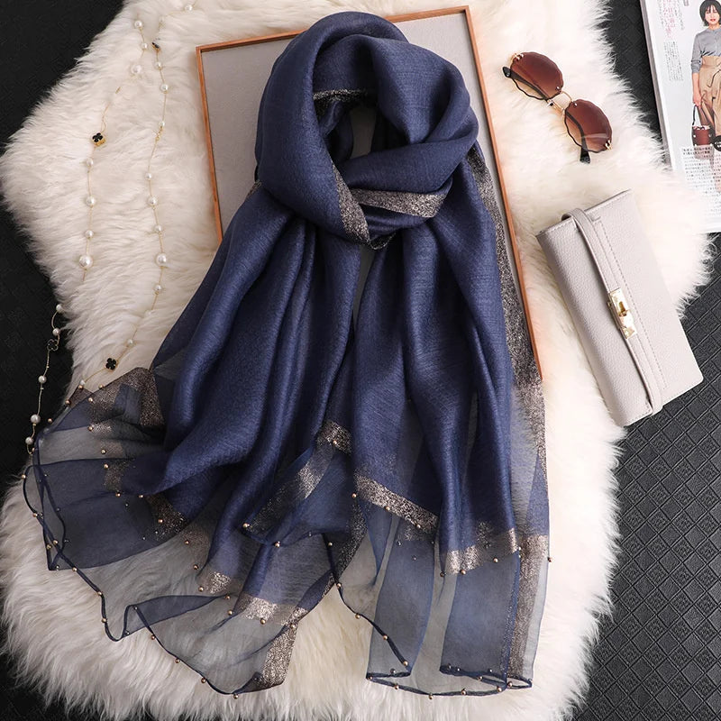 2024 Luxury 100% Silk Shawl Scarf for Women Design Embroidery Flowers Hijab Wraps Bufandas Female Headkerchief Fouloud Echarpe