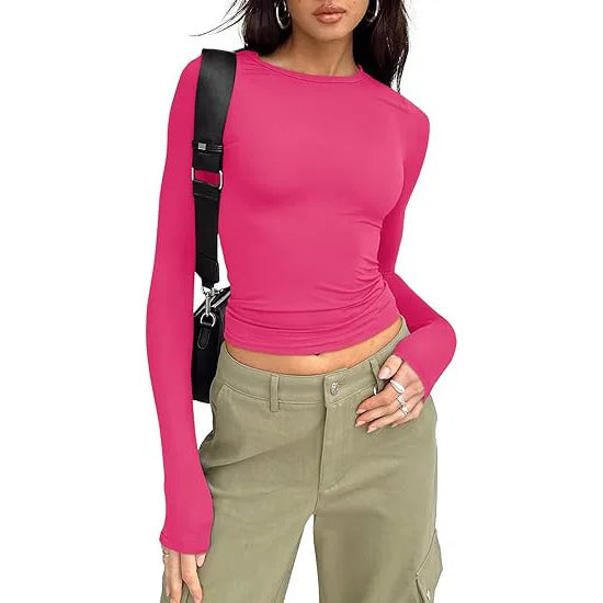 1pcs Four Seasons Fashion Senior Women T-shirt Long Sleeve Crew Neck Solid Slim Fit Tee Ladies Crop Top  Daily Streetwear Camis