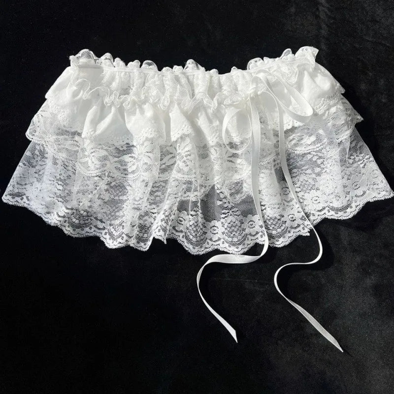 2025 Korean Ins Unique Lace Layered Gauze Skirts Lace Trim A-Line Short Cloth Mini Waist Skirts Harajuku Girl's White Skirts Y2K