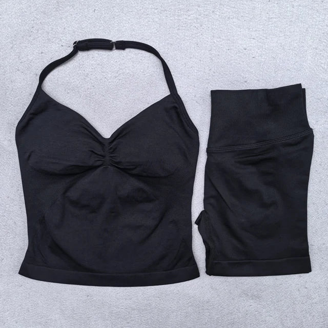 2 Pieces Yoga Set Women Backless Halter Tops High Waist Seamless Shorts Gym Suit Fitness Clothes Sportswear Workout Sets