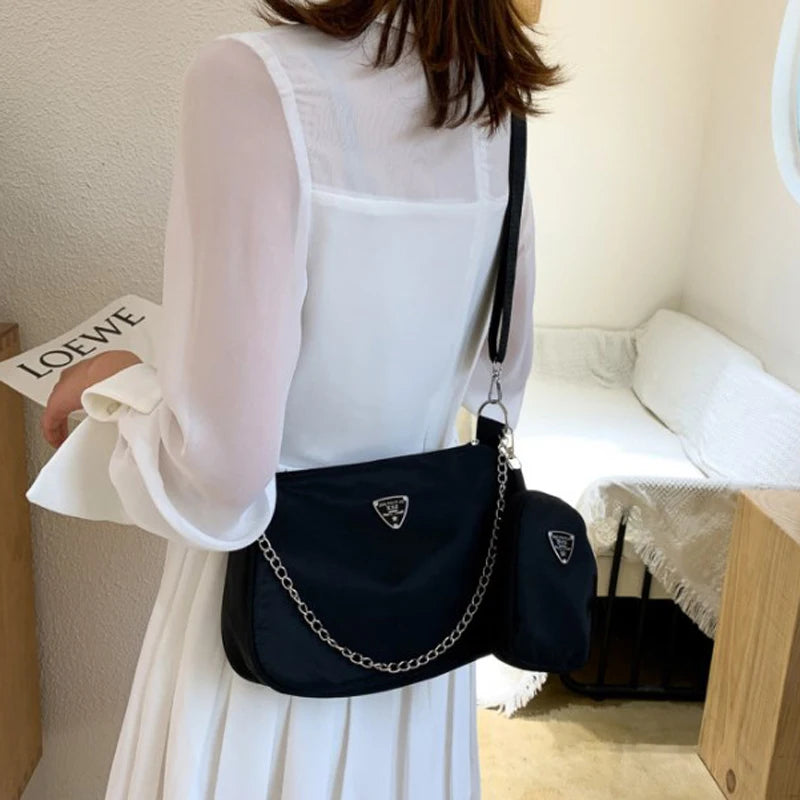 2-Piece Nylon Shoulder Bag Set: Chic Solid Color Handbags with Chain Strap for Daily Use & Travel