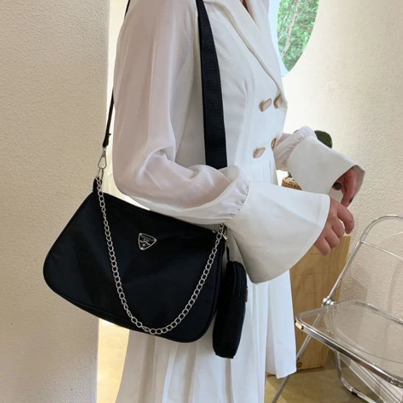 2-Piece Nylon Shoulder Bag Set: Chic Solid Color Handbags with Chain Strap for Daily Use & Travel