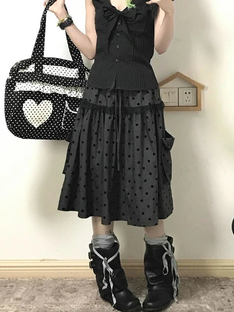 2000 Aesthetic Gray Design Polka Dot Skirt Women New American Retro Cute Skirts Female A-line Hottie Lace Korean Popular Clothes