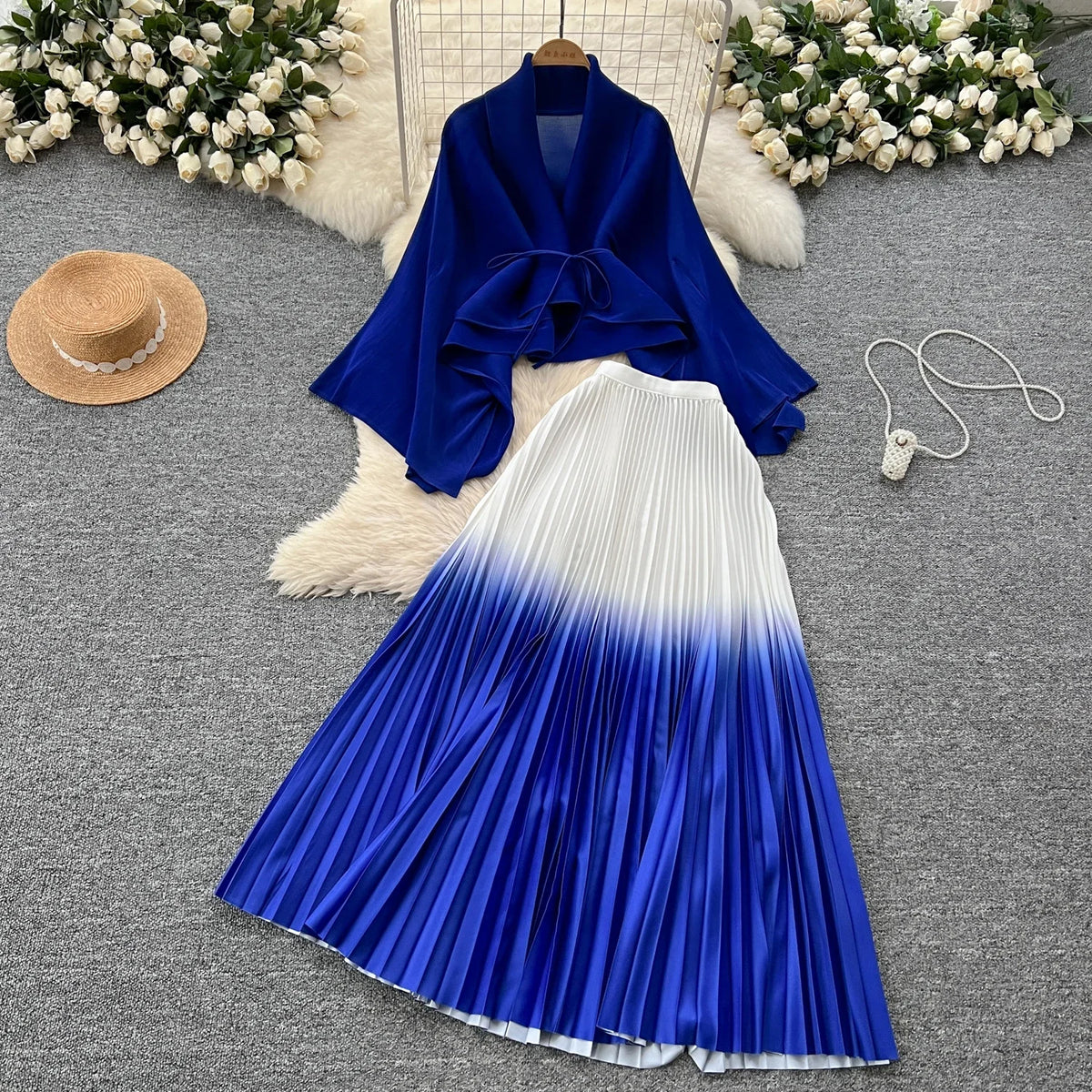 Elegant Long Sleeves Bandage Loose Top High Waist Pleated Skirt Evening High Street Fashion Autumn Winter Gradient Color Sets